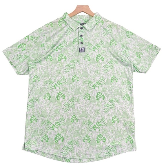 FN3P Polo Mens Large Geometric Print Bright Green Leaves Golf Polo Shirt Stretch - Picture 2 of 9